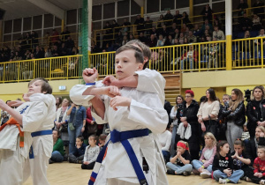 Chłopcy demonstrują chwyt zaskoczenia w karate.